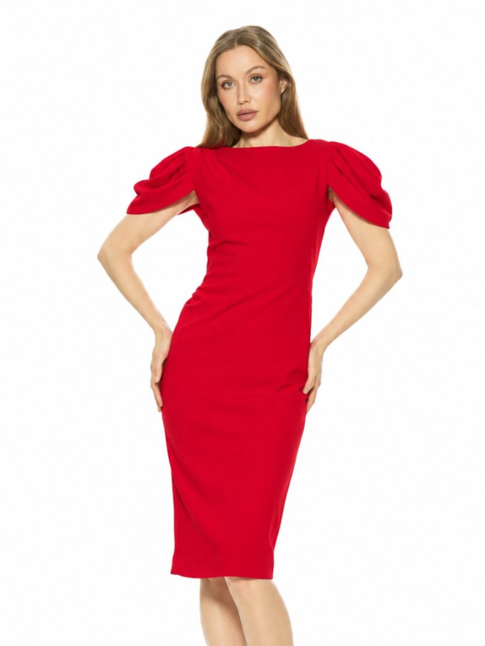 Alexia Admor NWT Draped Shoulder Short Sleeve Boat Neck Sheath Midi Dress Red, M